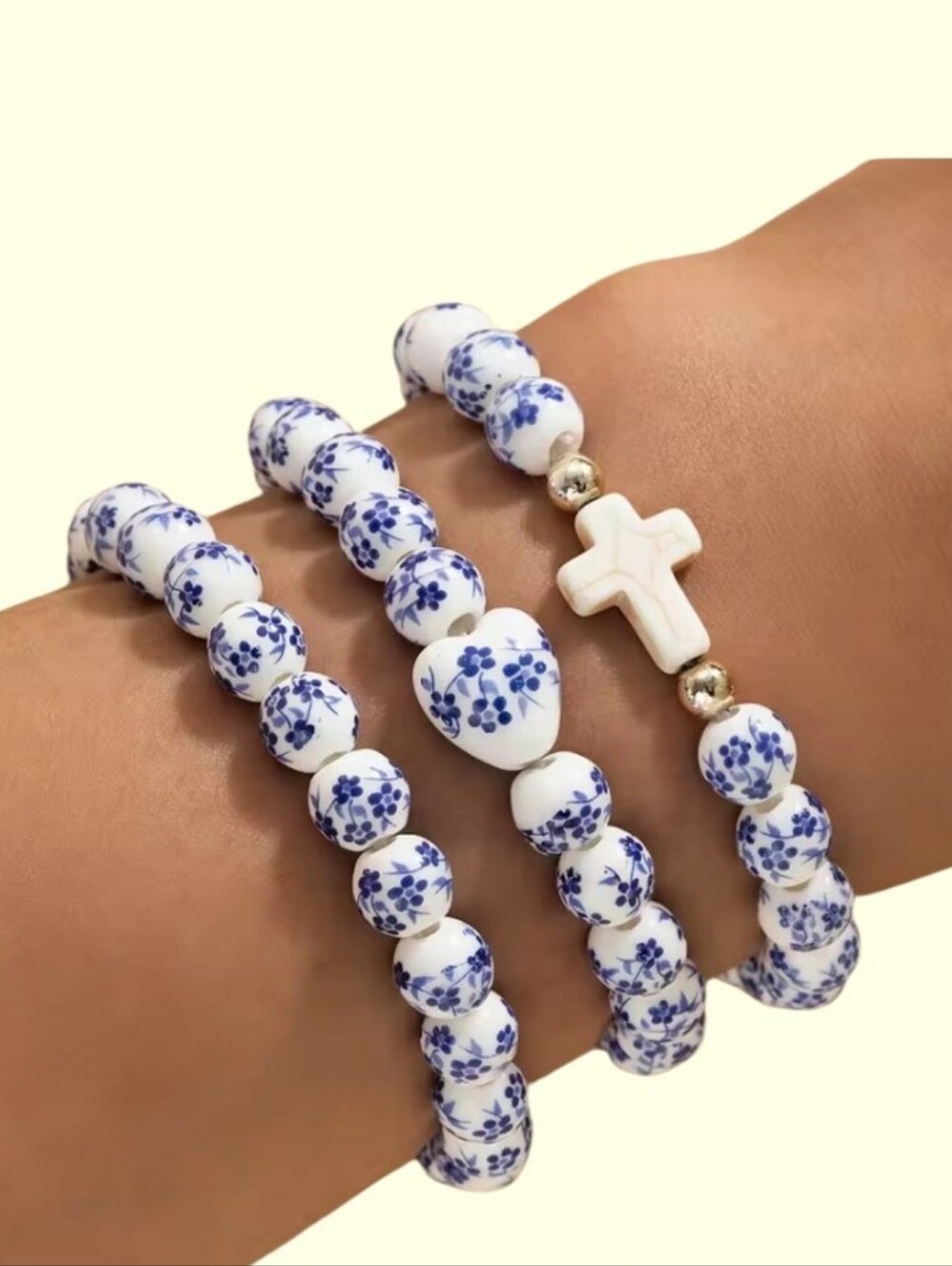 Blue and White Floral Beaded Cross/Heart Stretch Bracelet